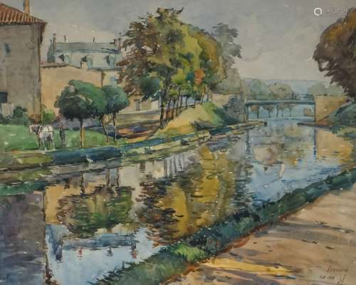 FRONARD，19-20世纪。动画河岸。右下角有水彩画的签名和日期1909年1...