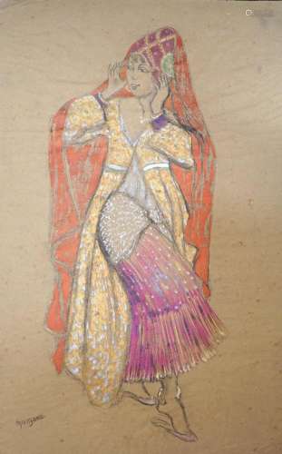 乔治-曼扎纳-皮萨罗（1871-1961）东方舞者。黄纸上的水粉和金银颜料...