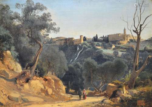 路易-奥古斯特-拉皮托（1803-1874）意大利乡村道路上的步行者。油画...