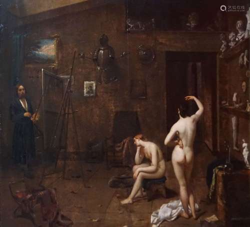 乔治-杜普雷（1807-1853）。画家和两个裸体模特在工作室里。油画在镶...