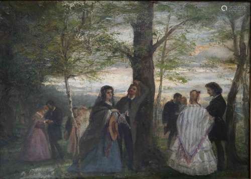法国学校XIXth Gallant夫妇在公园里，1860年。画布上的油画在右下角...