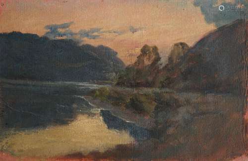 奥古斯特-拉维埃（1814-1895）（归属）。黄昏的湖边。纸上油画。虫洞）。1...