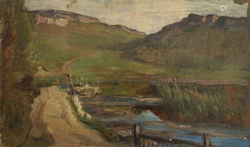 奥古斯特-拉维埃（1814-1895）（归属）。河边的小路。纸上油画。1F2.7x2...