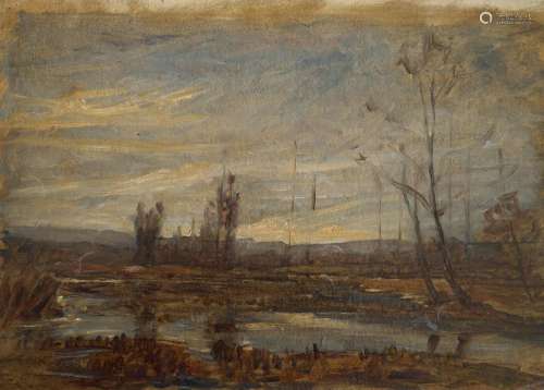 奥古斯特-拉维埃（1814-1895）（归属）。冬天的池塘。纸上油画。虫洞）。1...