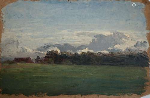 奥古斯特-拉维埃（1814-1895）（归属）。背景是田地和农场。纸上油画。擒...