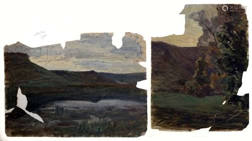 奥古斯特-拉维埃（1814-1895）（归属）。两项景观研究。两张纸上油画。(...