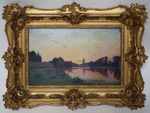 希波利特-卡米耶-德利（1842-1910）黄昏时分的热闹河岸。油画，右下方...