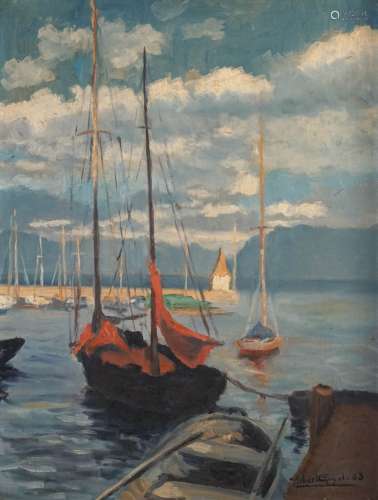 Albert GUYOT，20世纪。帆船在瑞士的莫尔日。油画布面 右下角有签名...