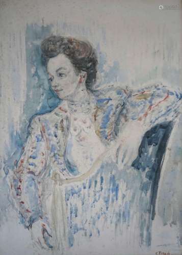 康斯坦丁-安德烈耶维奇-捷列科维奇（1902-1978）优雅的坐着的女人。...