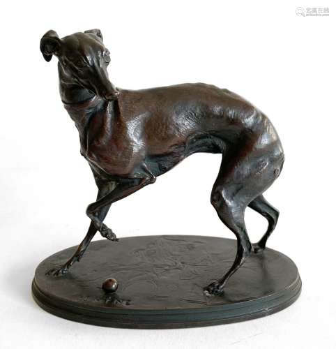 皮埃尔-儒勒-梅内（1810-1879）。莱夫雷特带球。棕色铜锈的青铜器，有...