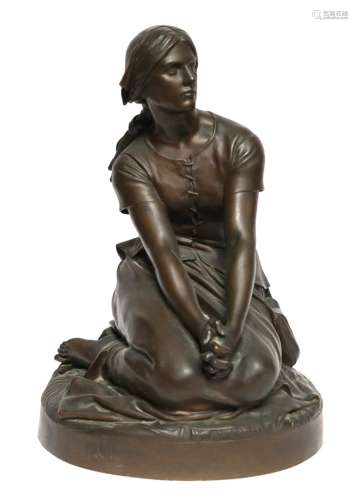 亨利-夏普(1833-1891)圣女贞德的跪姿。棕色斑纹的青铜器签名，Barb...