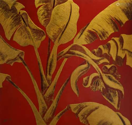 阮时烈(1919-2003) 红底金叶漆板，左下有签名，50 x 60 cm。