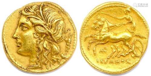 西西里岛--西拉库斯--希隆二世275-215。左边的珀耳塞福涅头像，头戴...
