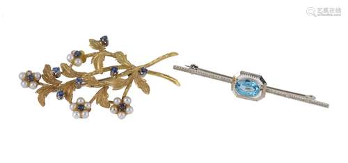 A sapphire and cultured pearl floral spray brooch