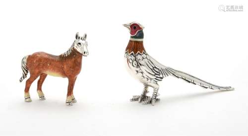 A silver coloured and enamel model of a pheasant