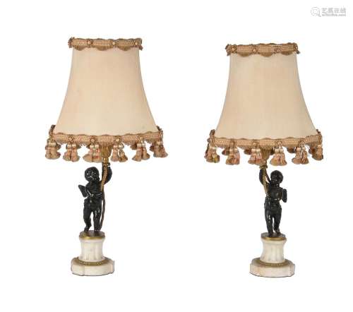 A pair of French patinated and parcel gilt bronze and marble...