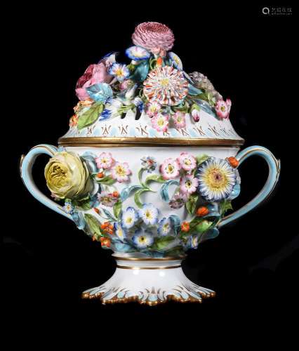 An English porcelain flower-encrusted pot pourri urn and cov...