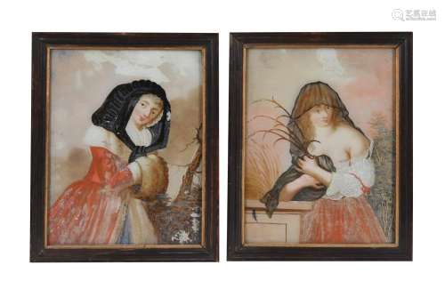 A pair of reverse painted glass paintings