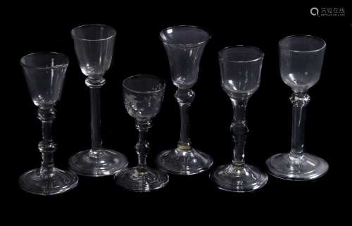 Six various balustroid wine glasses