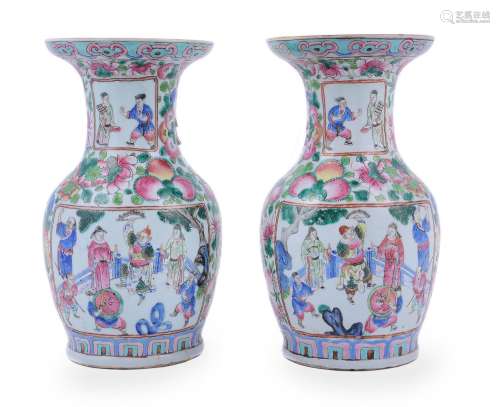 A pair of Cantonese Famille Rose vases