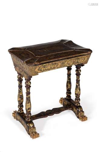 A Chinese black and gilt lacquered chinoiserie painted work ...