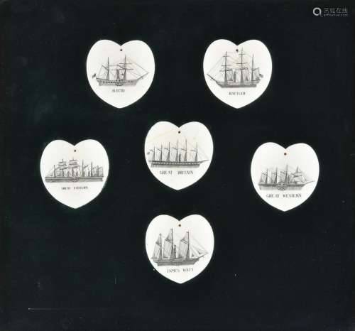 Y A rare set of six sailor's scrimshaw on ivory depicting st...
