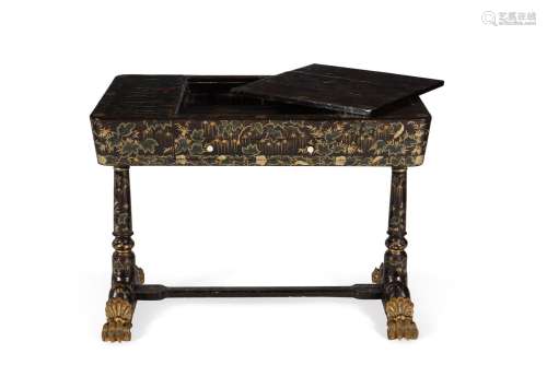 A Chinese Export black lacquered and parcel gilt and floral ...