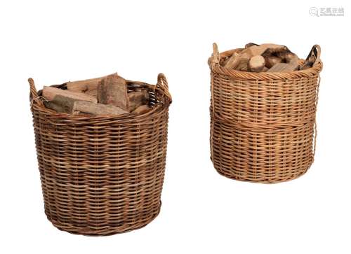 Two similar twin handled wicker baskets