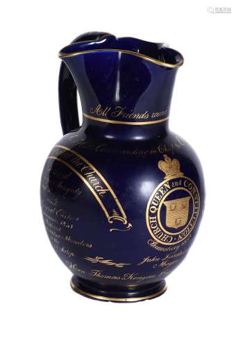 A Coalport blue ground and gilt commemorative and dated jug ...