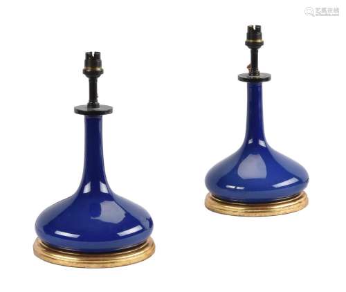 A pair of Continental opaque blue glass vase table lamps
