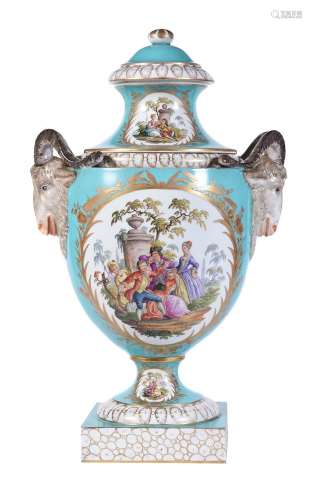 A Dresden pale-blue ground and gilt two-handled porcelain va...