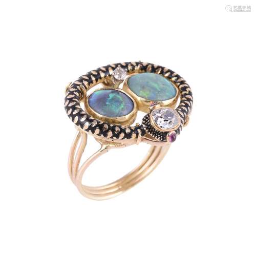 A diamond, opal and ruby snake dress ring
