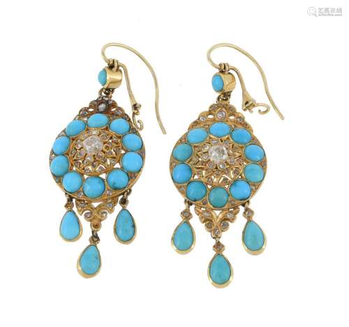 A pair of early 20th century turquoise and diamond ear penda...