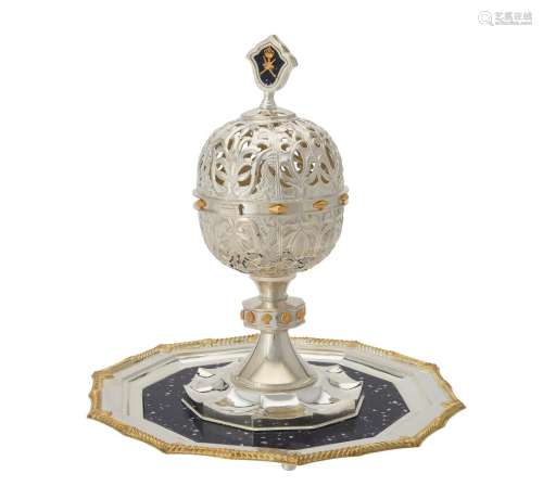 An Omani silver coloured and reconstituted blue stone incens...