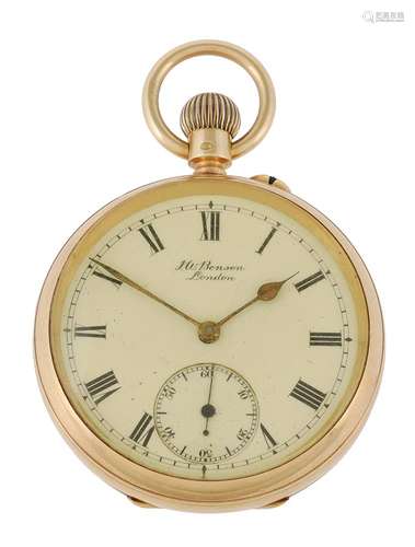 J. W. Benson, 18 carat gold keyless wind open face pocket wa...