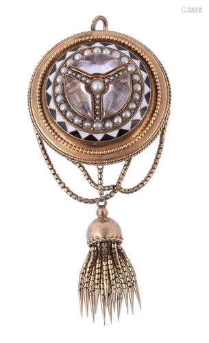 A mid Victorian rock crystal, half pearl and enamel tassel b...