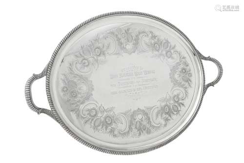 A Victorian silver twin handled oval tray by Elkington & Co....