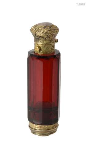 A cased silver gilt and red glass scent bottle and vinaigret...