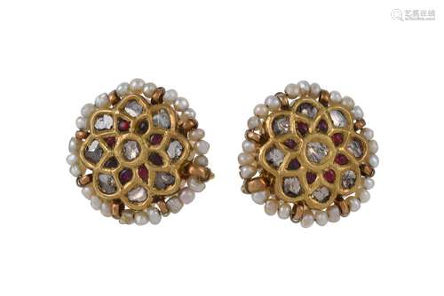 A pair of Indian diamond and seed pearl flower head earrings