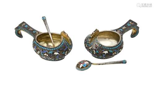 A pair of Russian silver coloured and enamel kovsh and spoon...