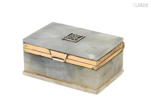 A silver mounted marble and white agate stamp box
