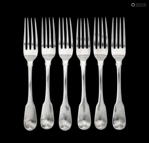 A set of six George III silver fiddle pattern table forks by...