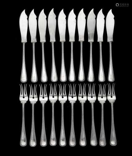 A Dutch silver set of ten beaded fish knives and forks