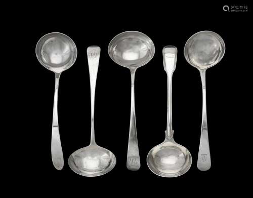 A set of three George III silver Old English pattern sauce l...