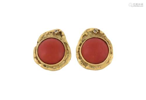 Y A pair of French coral and diamond ear clips