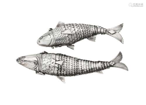 Two silver coloured articulated fish scent bottles