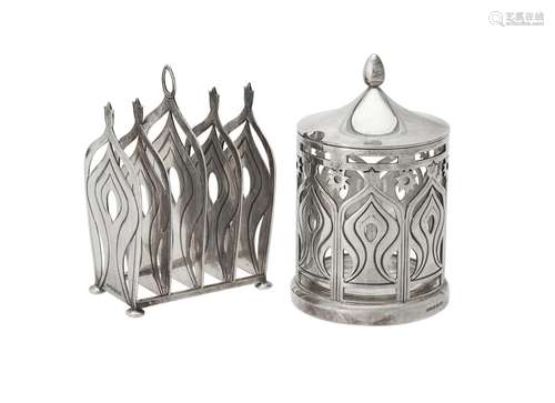 A silver toast rack and jam jar by Grant MacDonald Silversmi...