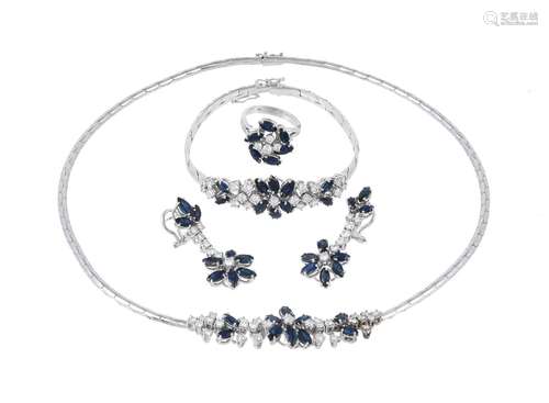 A sapphire and diamond necklace, ring, bracelet and earrings...