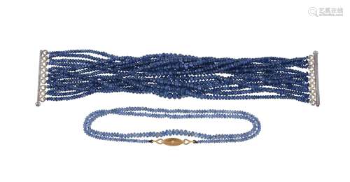 A sapphire bead necklace with diamond clasp