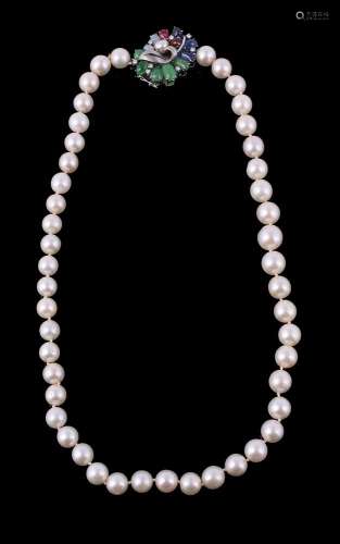 A cultured pearl necklace with multi gem set clasp